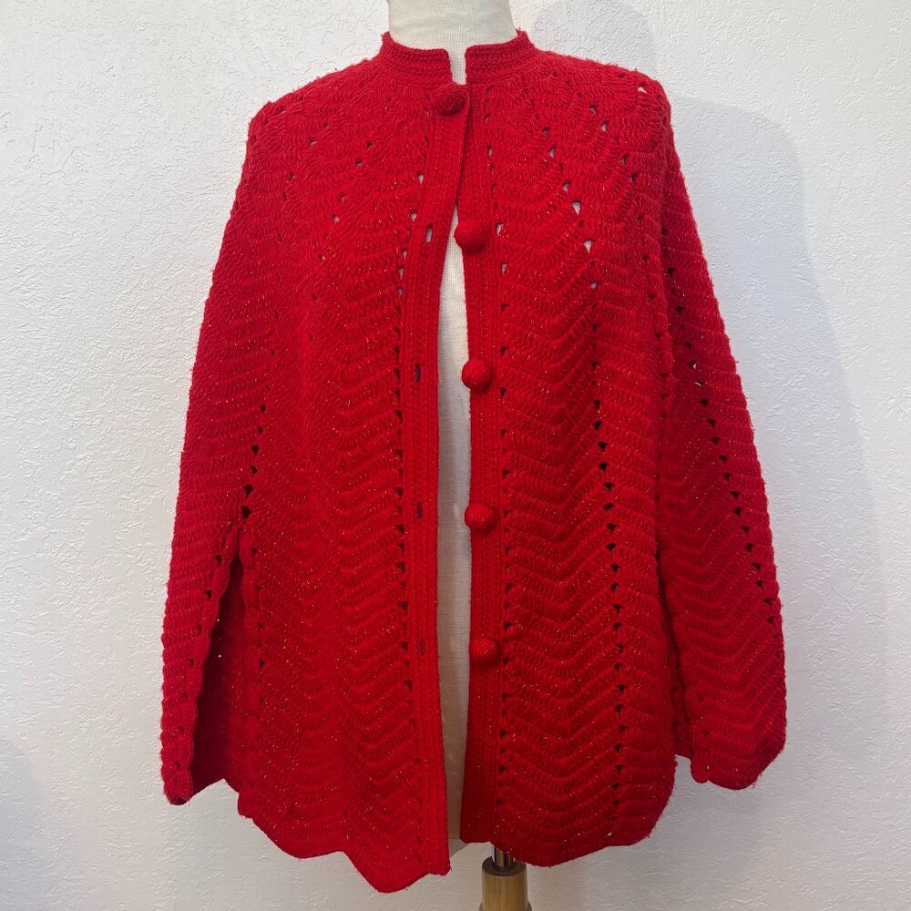 Red hand crocheted sweater cape SZ L - buttons Gold metallic threads throughout